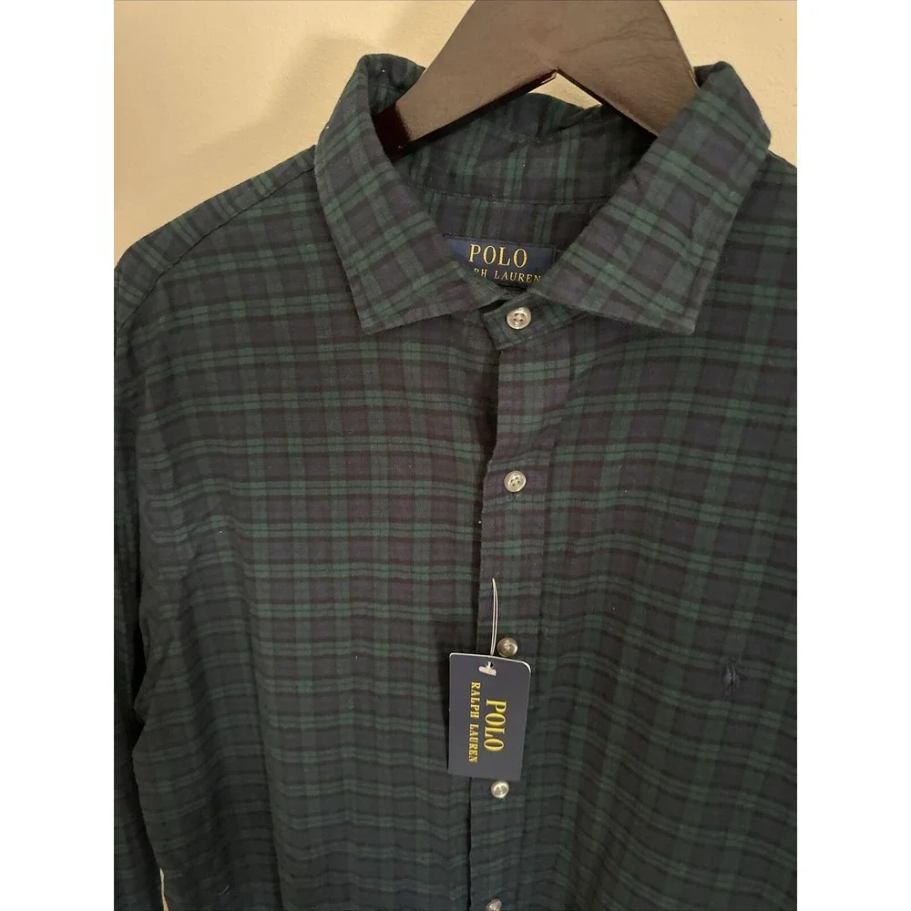 Polo Ralph Lauren Mens XL Slim Fit Blackwatch Plaid Button Down Shirt Navy Green